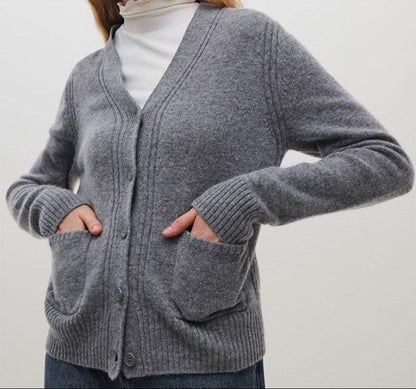 Wool Cardigan with V-Neck and Pockets